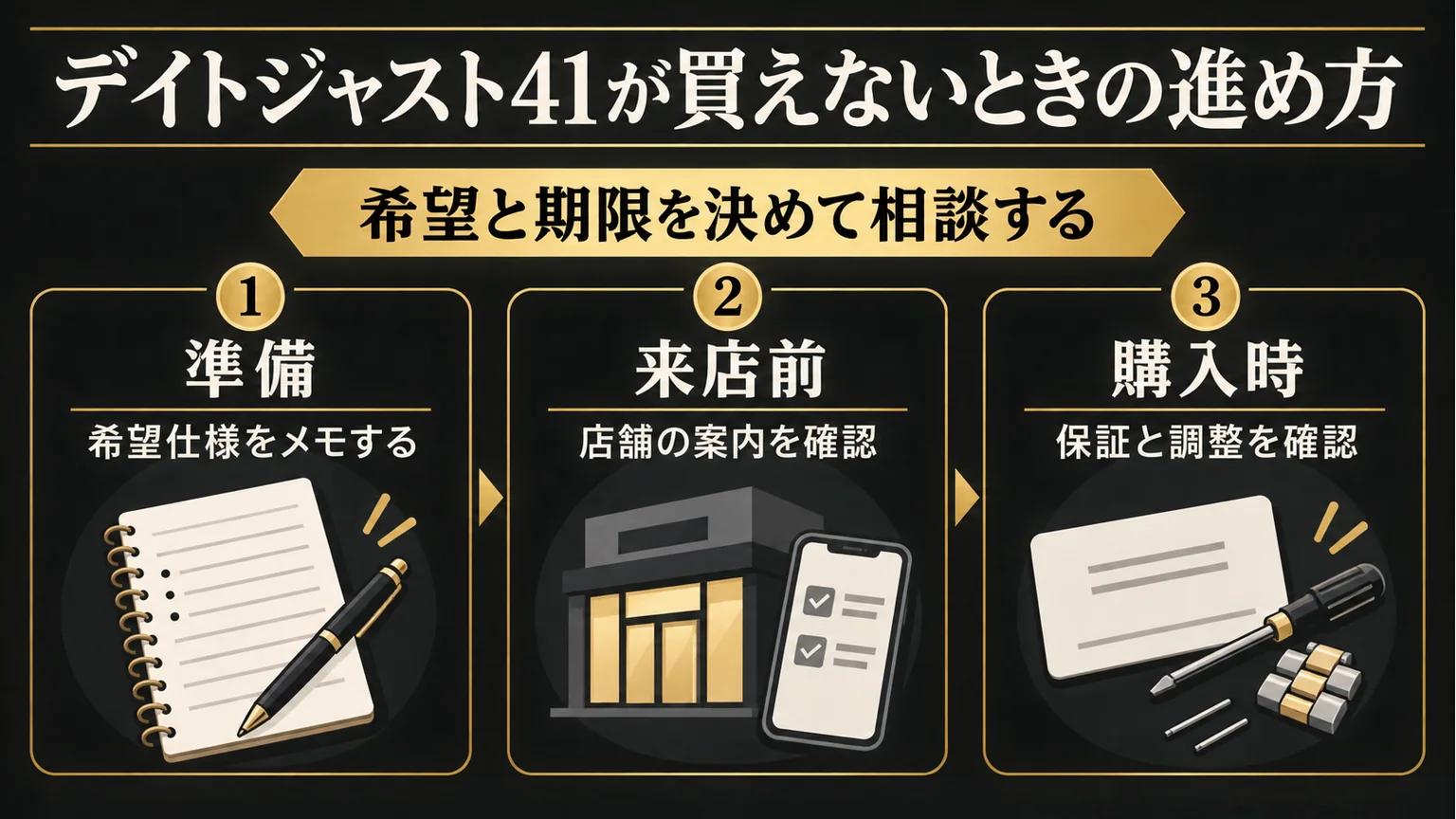 希望仕様のメモ、来店前の店舗案内、購入時の保証と調整を確認する図解