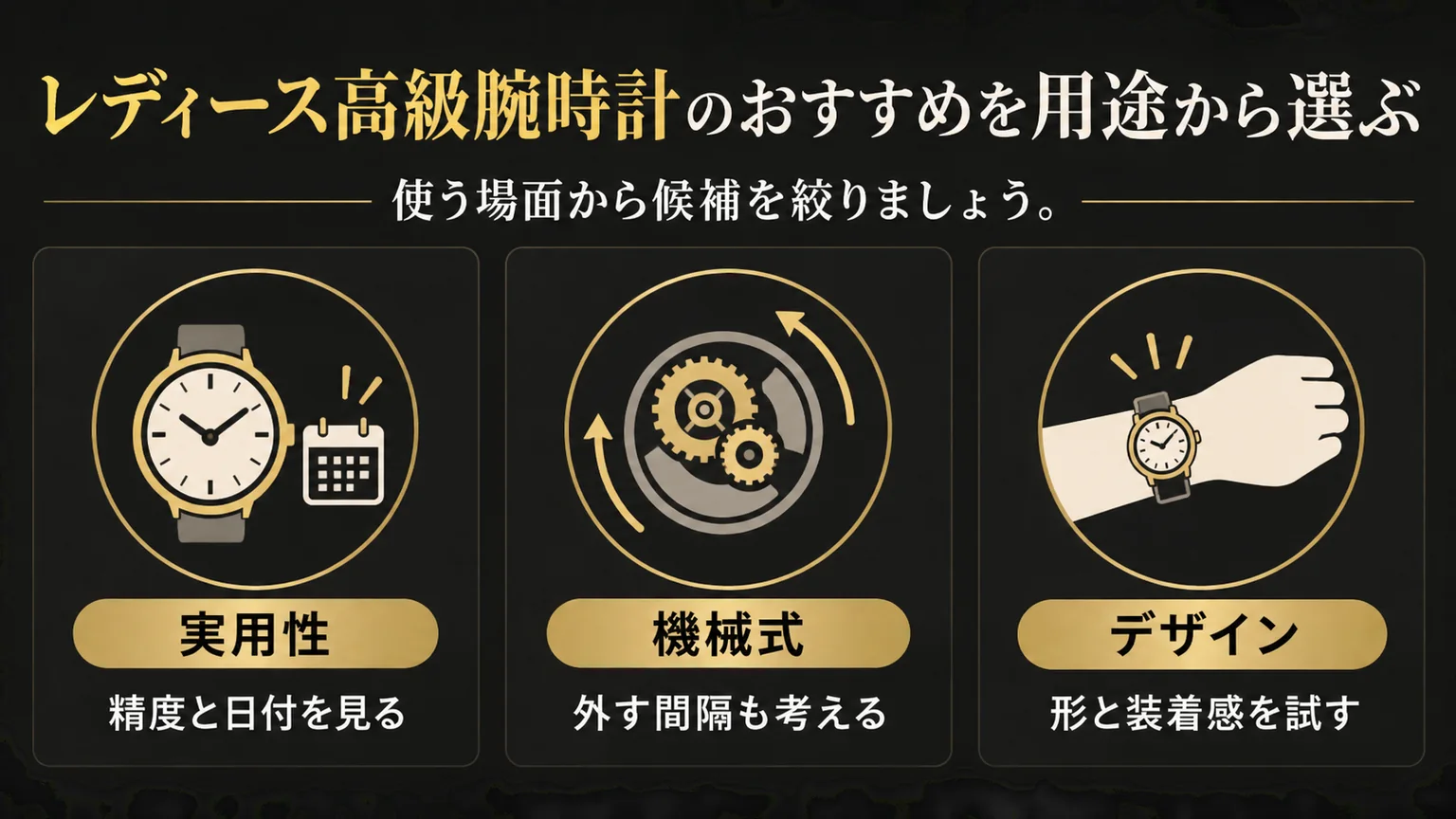 実用性・機械式・デザインから時計を選ぶ図解