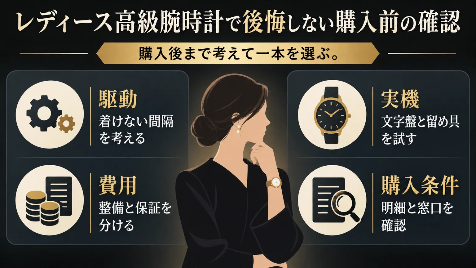 駆動・費用・実機・購入条件の確認点を示す図解