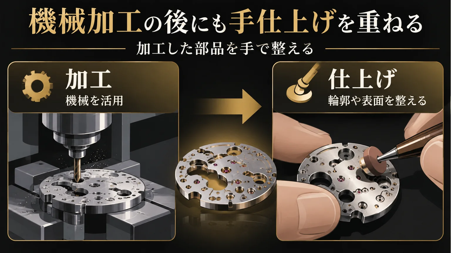機械加工の後に手作業で時計部品を整える流れ