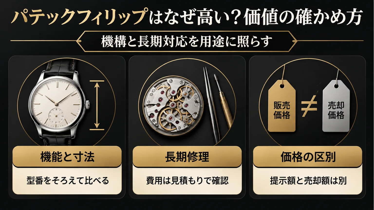 時計の機能と寸法、長期修理、販売価格と売却価格の違いを示す図
