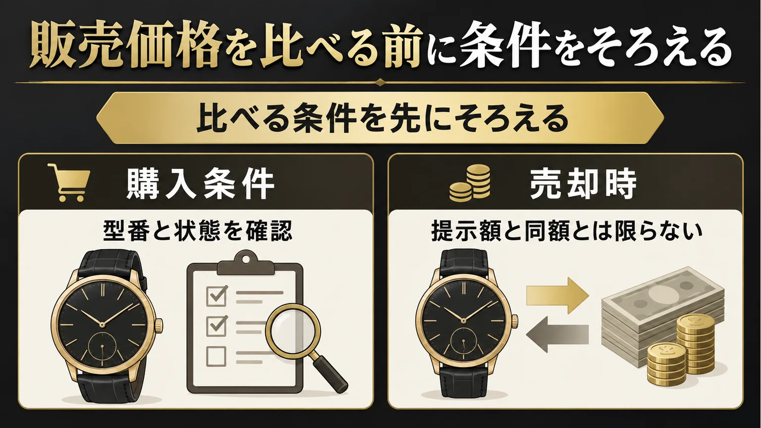 時計の型番と状態の確認、購入時と売却時の価格の違いを示す図