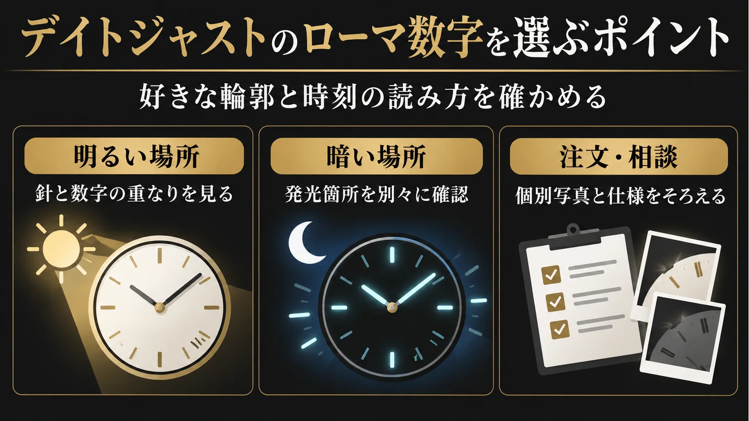 明所と暗所の見え方、個別写真と仕様の確認を分けた図解