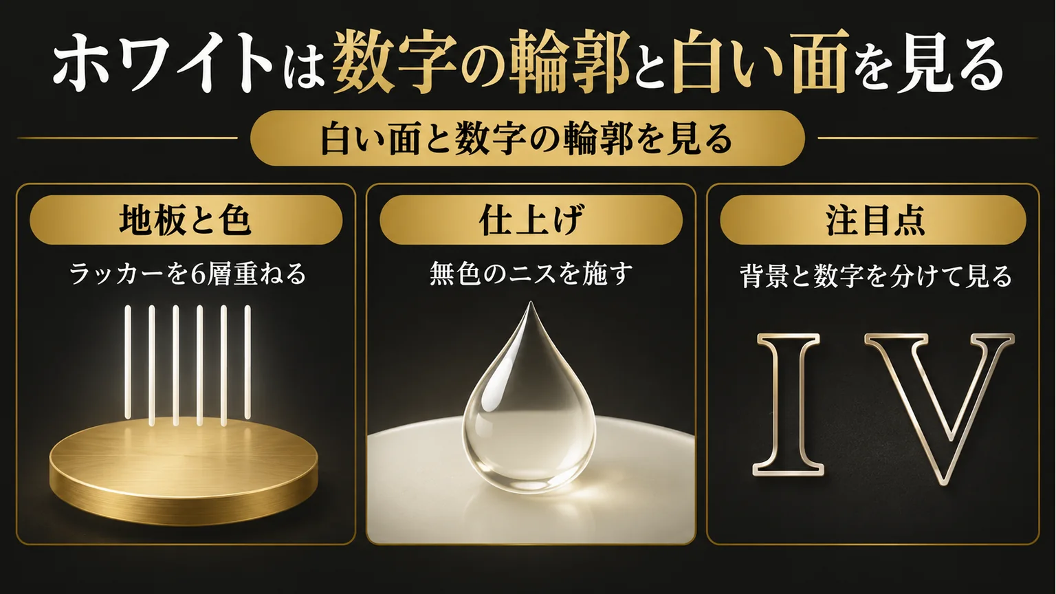 白い文字盤のラッカー6層、無色ニス、数字の輪郭の着眼を示す図解