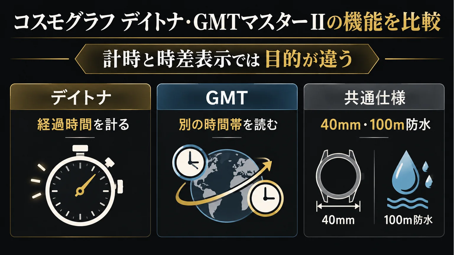 デイトナの計時とGMTの時差表示、共通仕様を比べる図解
