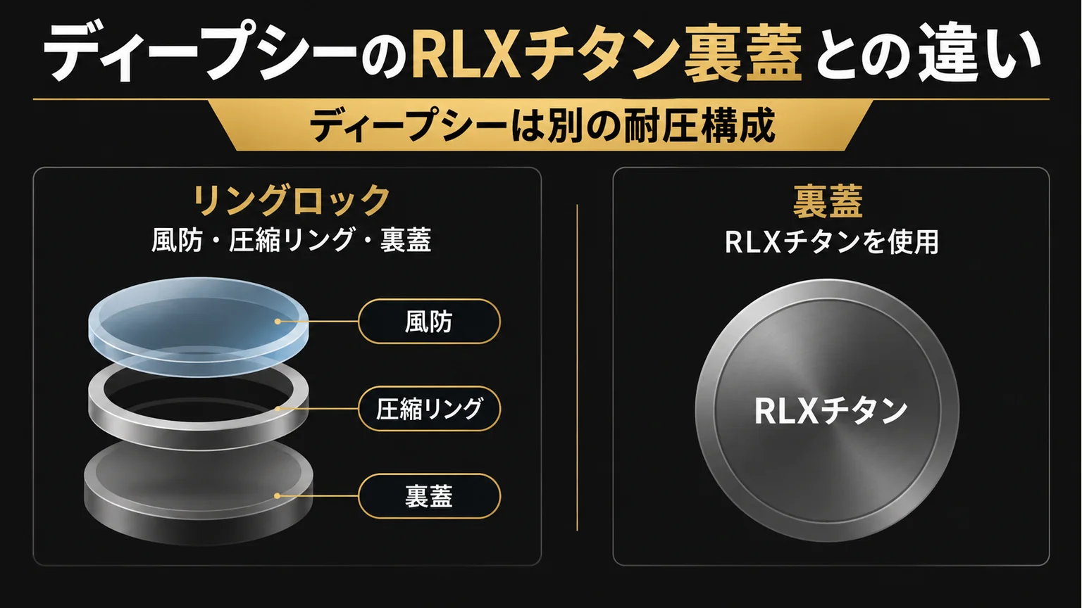 ディープシーのリングロックとRLXチタン裏蓋を示す図解