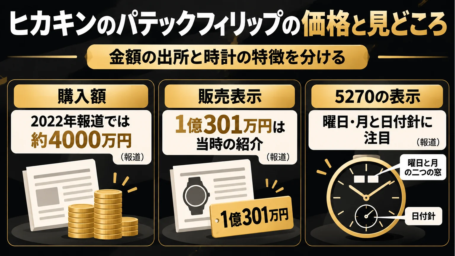 書類と金額、抽象的な表示図により購入額、販売表示、曜日・月と日付針を3列で示している。