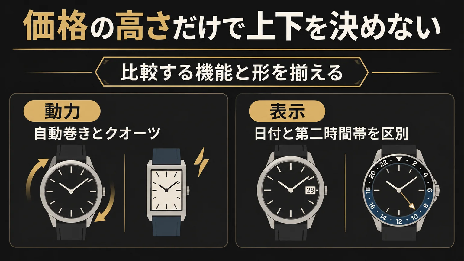 自動巻きとクオーツ、日付と第二時間帯の違いを示す図解