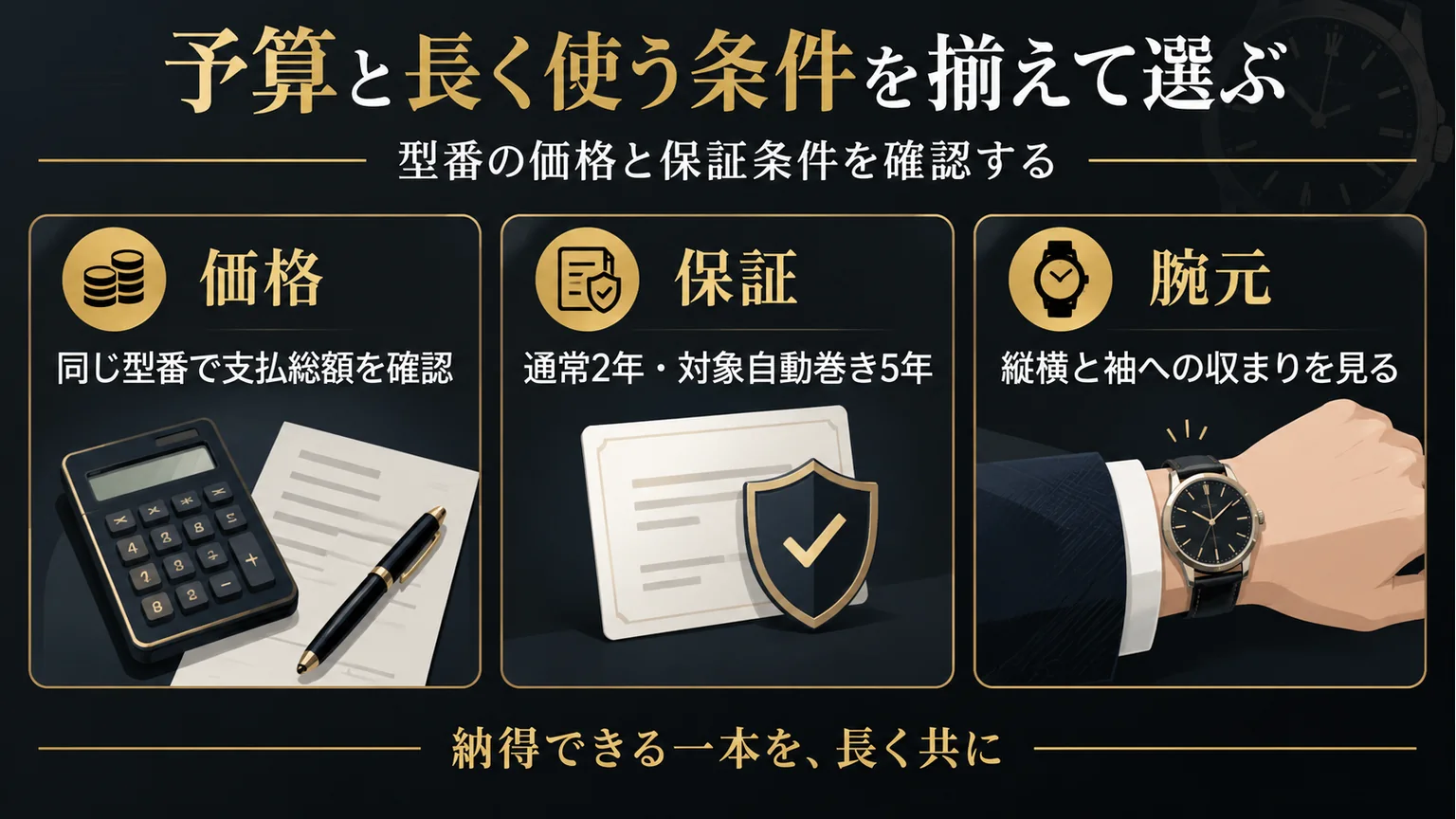 価格・保証・腕への収まりの確認点をまとめた図解