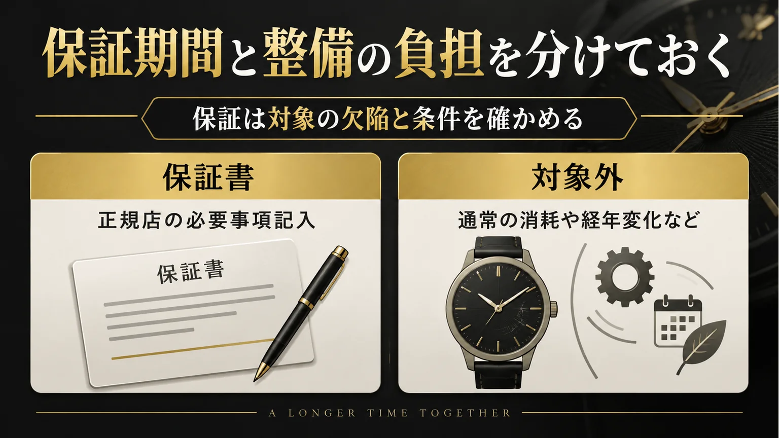 記入済み保証書と保証対象外の消耗を対比した図解