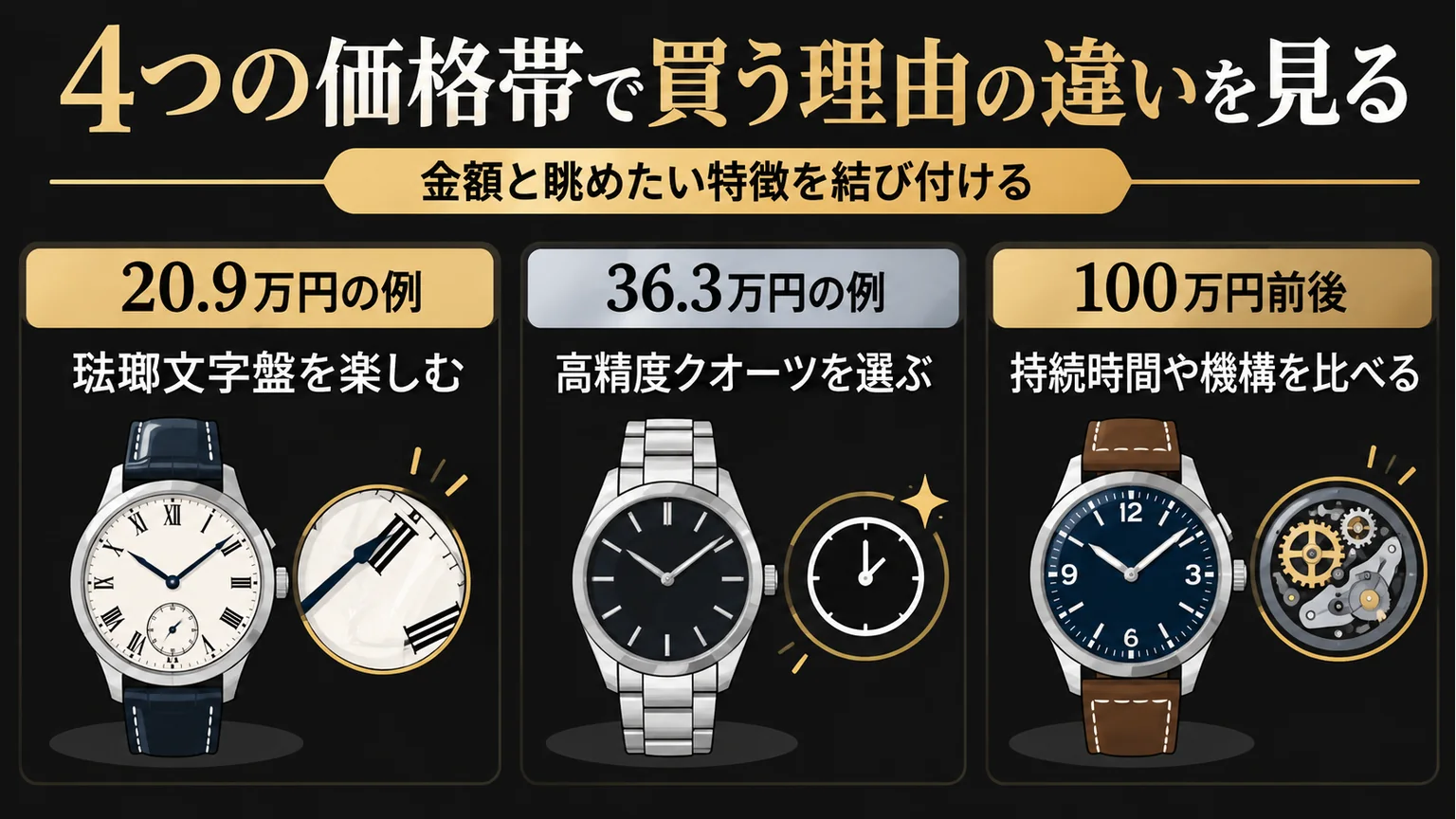 3つの予算例を文字盤や機構の注目点と並べた図解