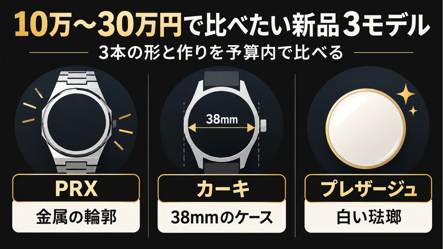 PRX、カーキ、プレザージュの選ぶ着眼点を示す図解