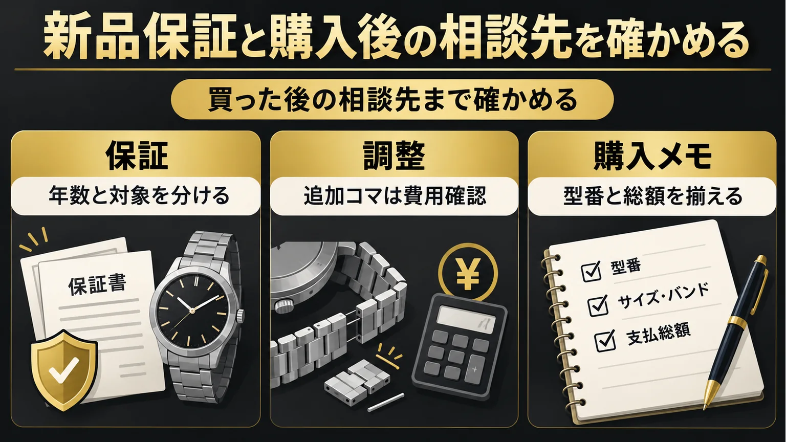 保証、調整費、購入メモの確認を示す図解