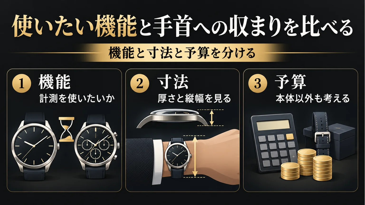 機能、寸法、予算を分けて比べる図解