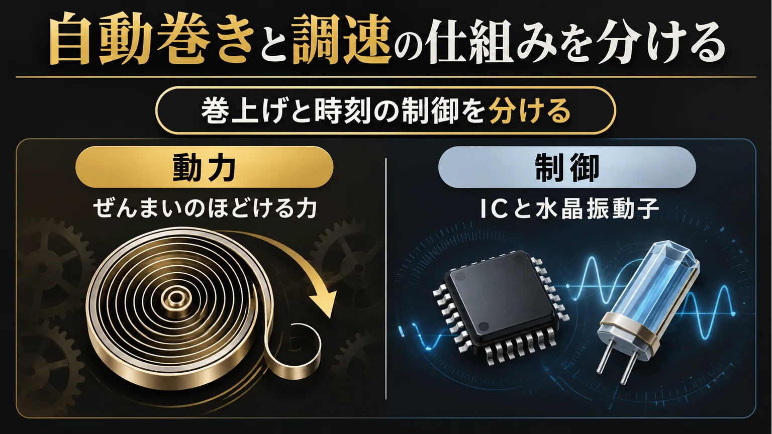 ぜんまいの動力とIC・水晶の制御を分けた図解