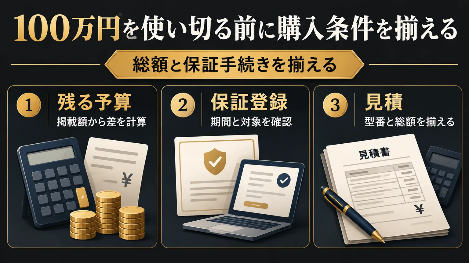 予算、保証登録、見積の確認を示す図解