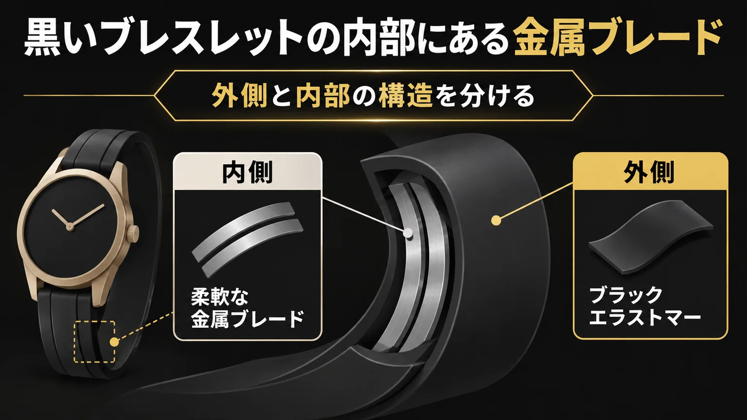 ブレスレットの内側の金属ブレードと外側のブラックエラストマーを分けた図解