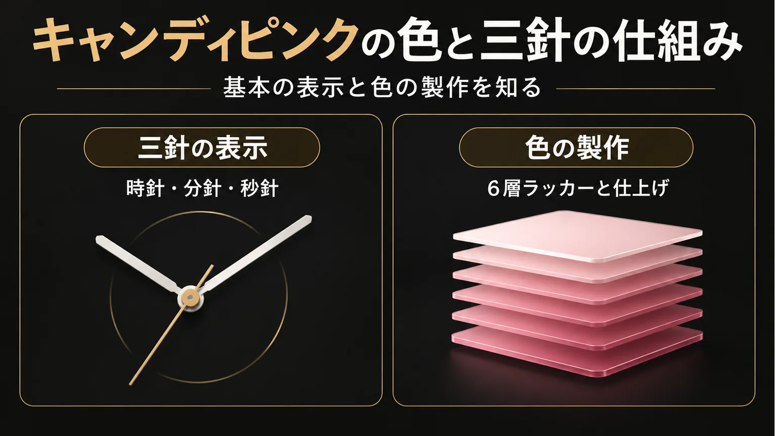 三針の時刻表示と6層ラッカーの製作を示す図解