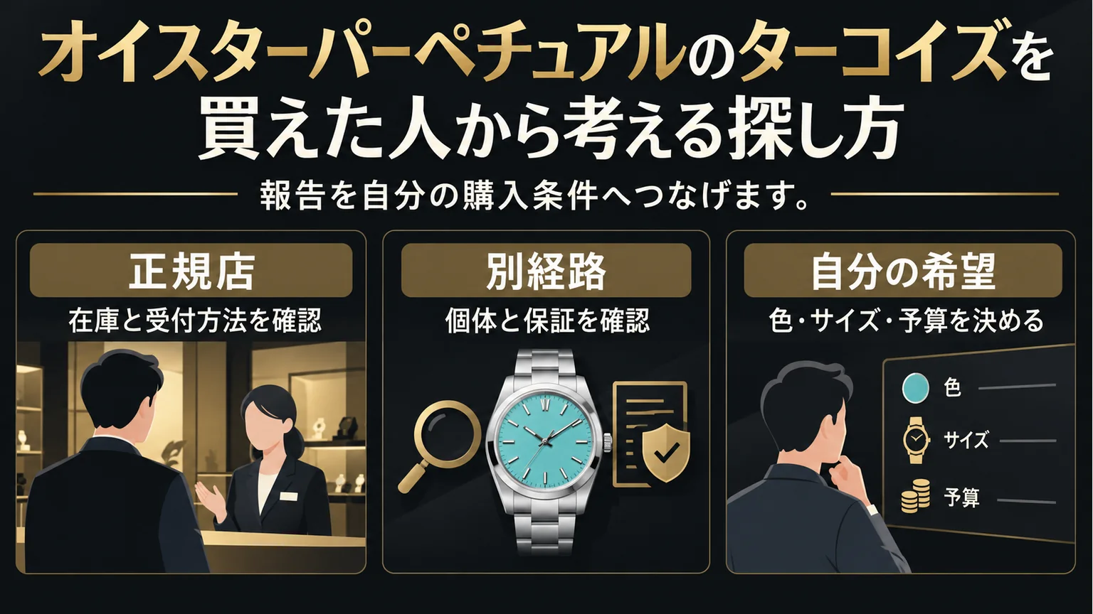 正規店・別経路・自分の希望の確認項目を3列で整理した図解