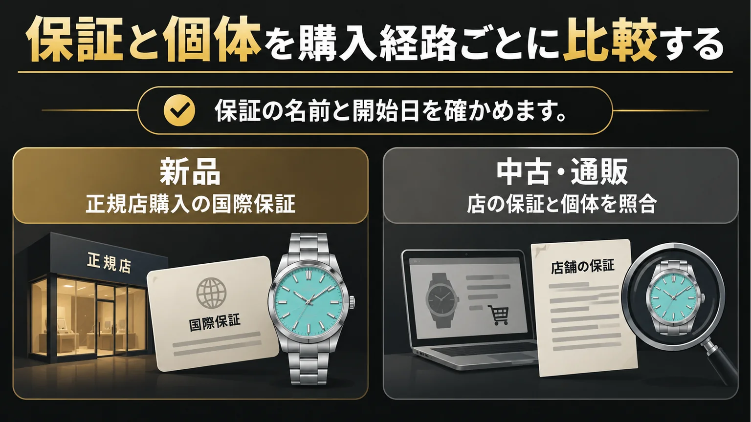 新品の国際保証と中古・通販の店舗保証を、書類と時計で比べる図解