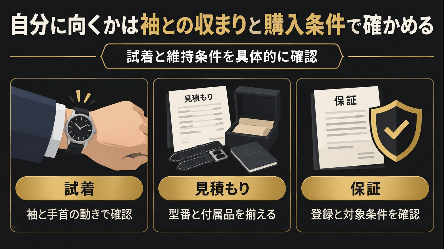 試着・見積もり・保証の確認項目をまとめた図