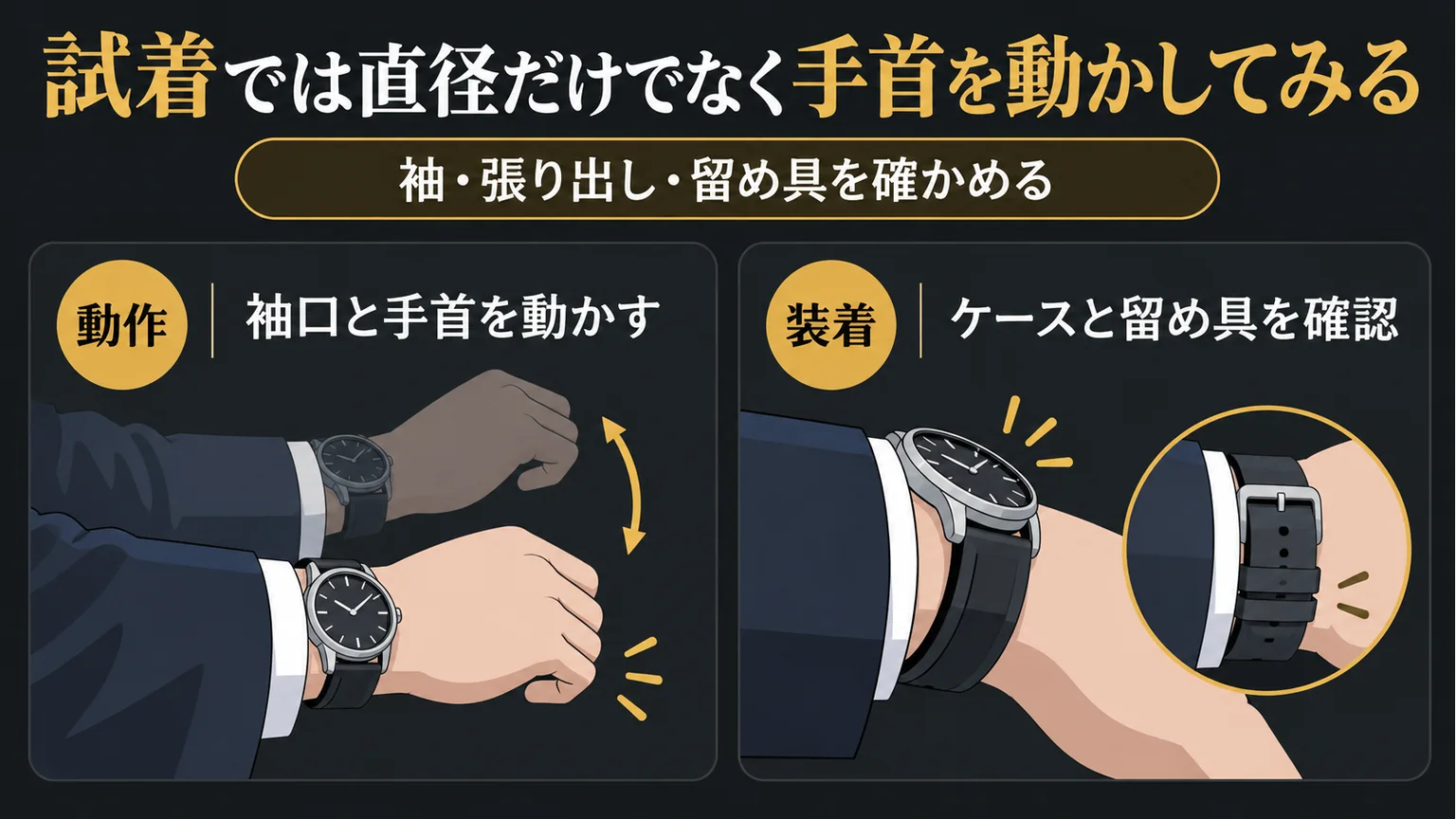 手首の動作とケース・留め具の確認方法を示す図