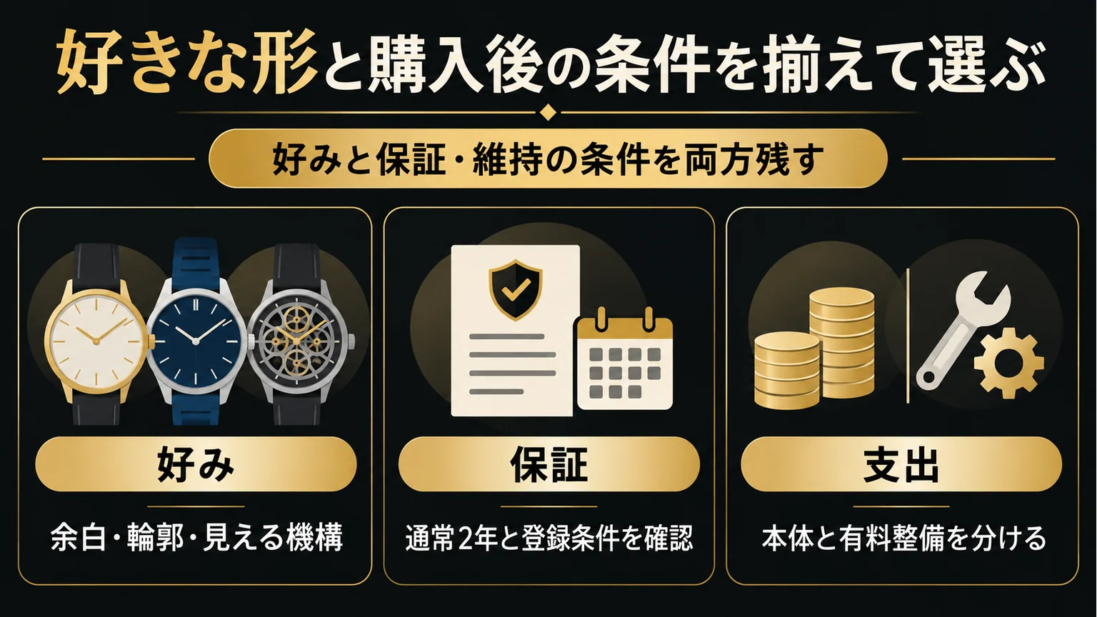 時計の好みと保証・維持費の確認点を示す図解