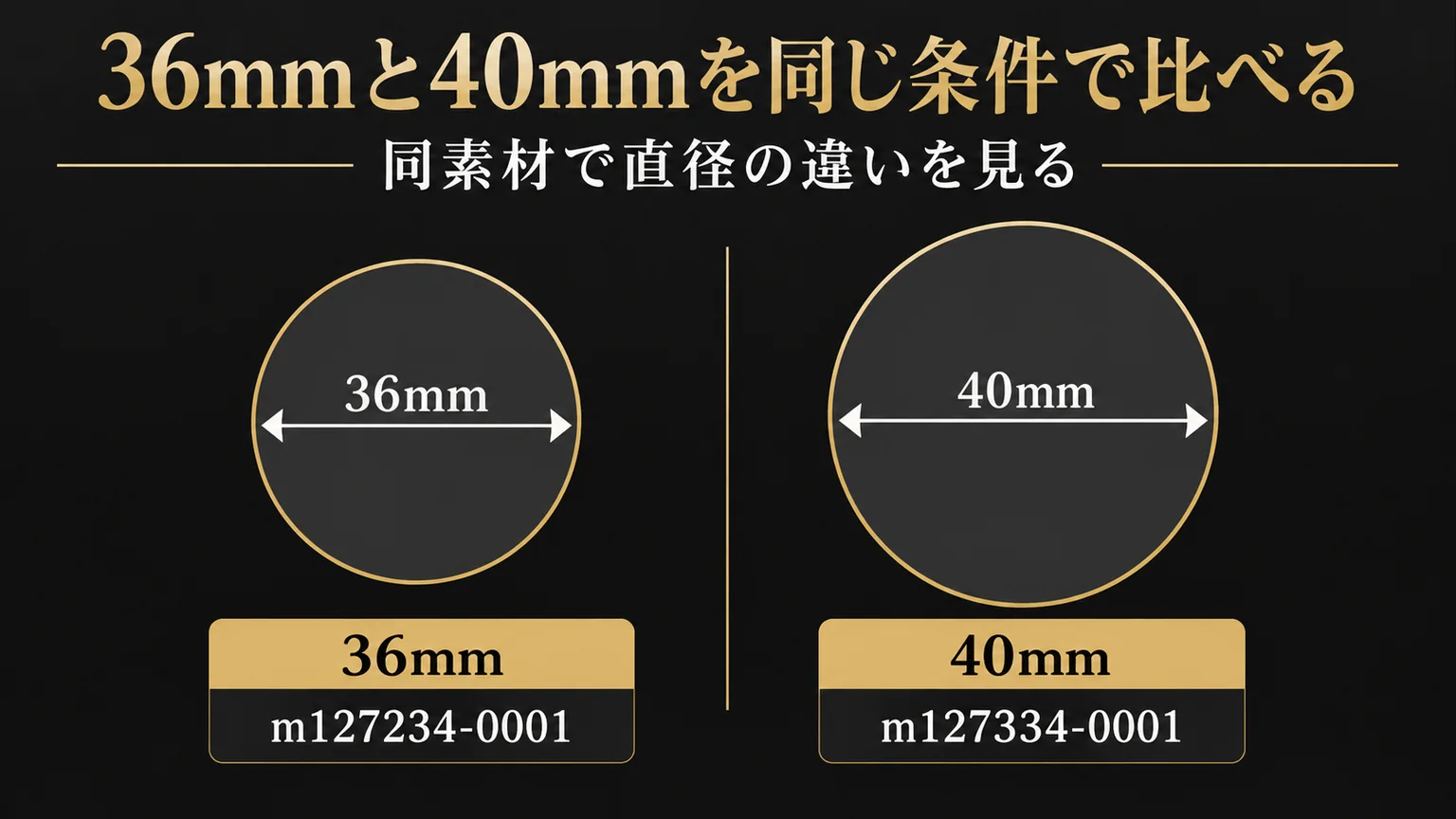 同素材の36mmと40mmの直径を比べる図解