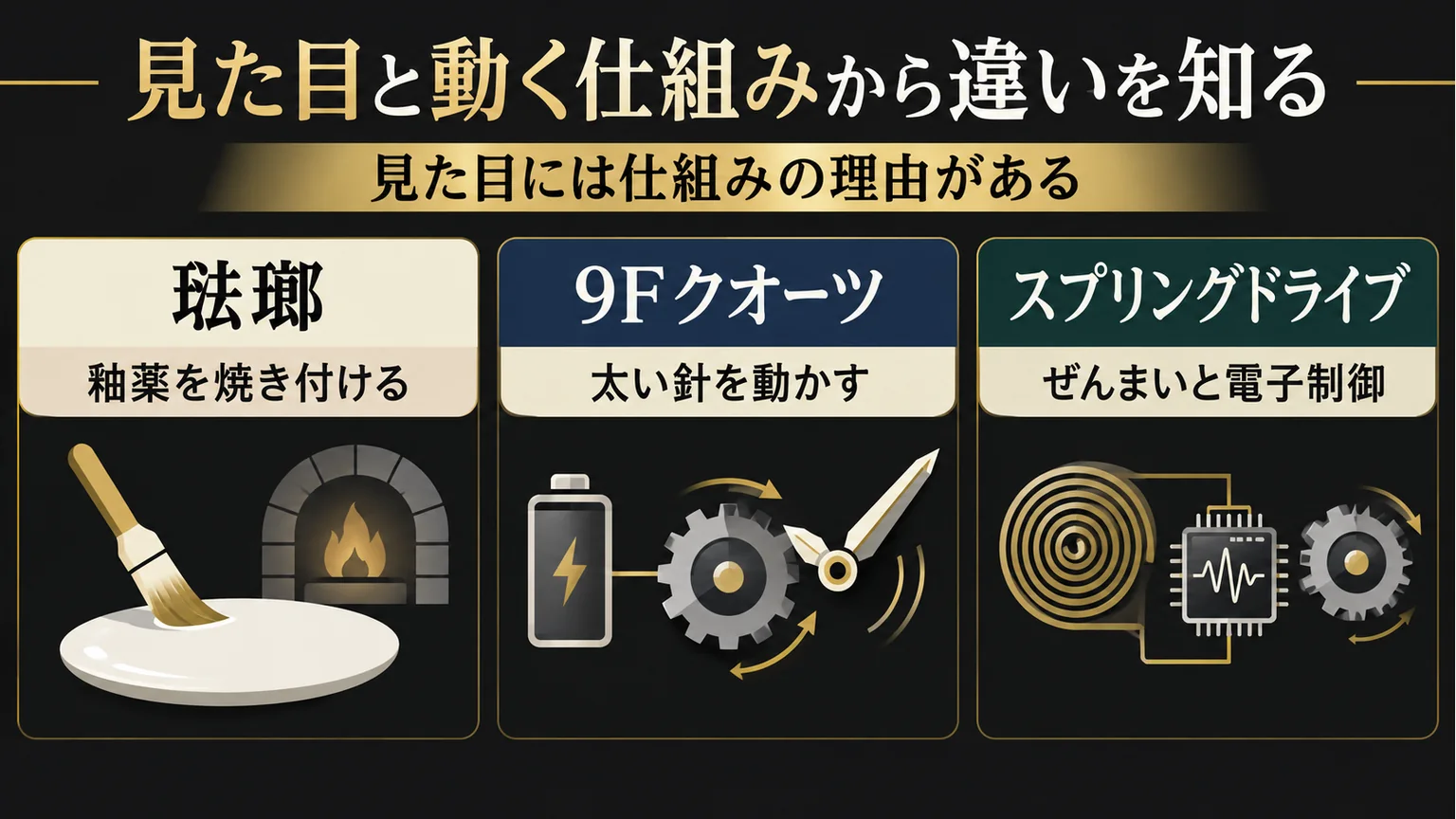 琺瑯、9Fクオーツ、スプリングドライブの違いを示す概念図