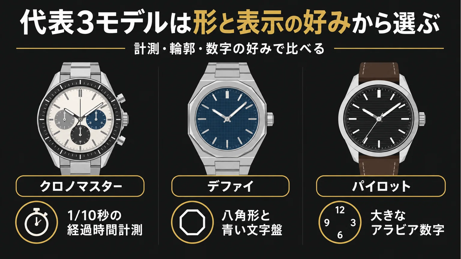 クロノマスター、デファイ、パイロットの選ぶ視点を示す3列の図