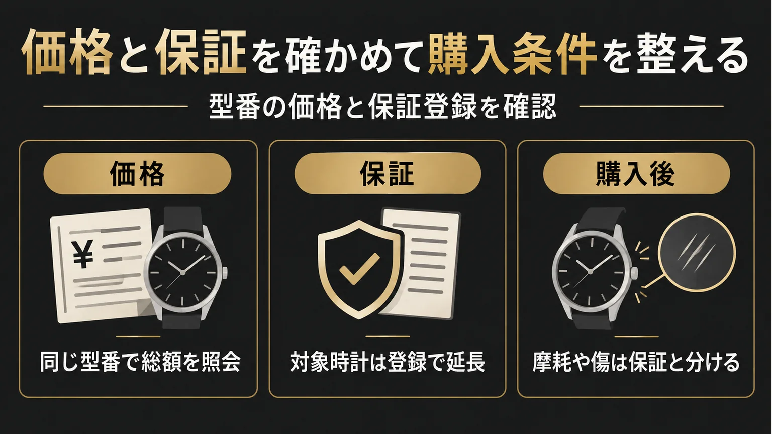 価格の総額照会、保証登録、摩耗と傷の扱いを示す図